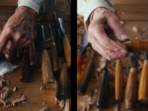 Two images of a man's hands holding wood carving tools.