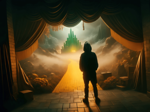 Image of a man in a hoodie from the back facing the Emerald City of Oz at the other end of the Yellow Brick Road. Curtains separate him from the road, as though he is about to step onstage.